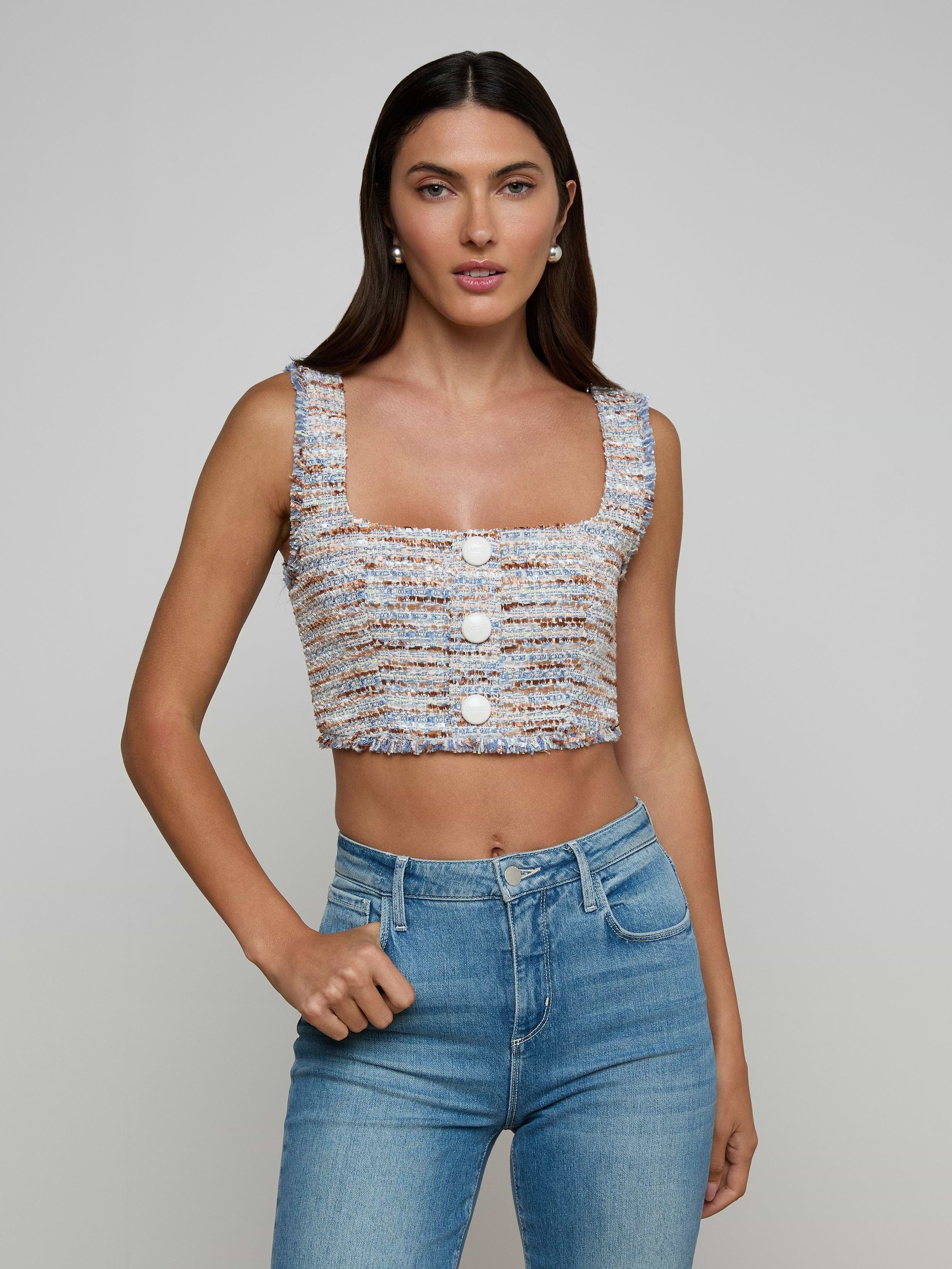 Muno Tweed Top in Blue/Beige Tweed | L'AGENCE