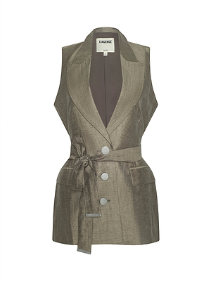 The Harper Linen-Blend Vest is a sleeveless olive green blazer vest with a wide collar, three front buttons, two large pockets, and a tie belt. This tailored piece pairs effortlessly with matching pants. L’AGENCE is labeled inside the collar.