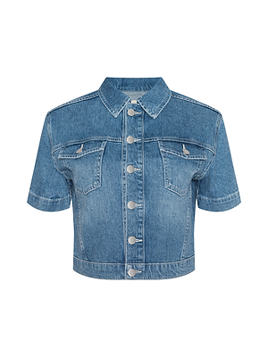 The Kirstie Jean Shirt Jacket is a short-sleeve, cropped denim style with a button-up front, classic collar, and two flap chest pockets—a versatile choice for casual outfits.