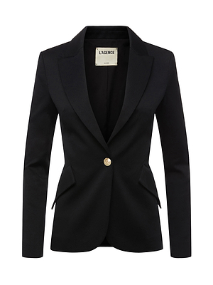 The Chamberlain Blazer by L'AGENCE is shown on a white background, featuring a black design with a single gold accent button, peaked lapels, and two front flap pockets.
