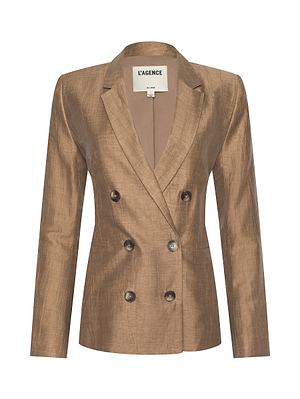 The Colin Linen-Blend Blazer features a metallic bronze finish, double-breasted front with four buttons, long sleeves, and a notched collar. Displayed on a white background; inner label reads LAGENCE.