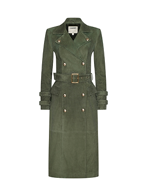 The Celina Suede Trench Coat is an olive green, double-breasted style with a belt and rectangular buckle, notched lapels, and buttoned straps at the cuffs and waist—a timeless addition from LAGENCE.