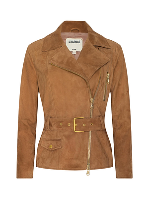 The Dinah Suede Biker Jacket is brown with an asymmetrical front zipper, gold zips and hardware, a lapel collar, zippered and buttoned pockets, and an adjustable belt. The inner label displays L’AGENCE.