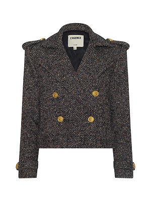The Xoey Cropped Tweed Trench is a double-breasted Italian wool-blend blazer with gold buttons, notched lapels, shoulder epaulets, and textured speckled fabric in dark tones. The label inside reads L’AGENCE.
