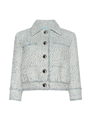 The Jia Fringed Tweed Jacket features light blue and white chevron tweed, a pointed collar, large metallic buttons, two front pockets, micro sequin accents, long sleeves, and a slightly frayed hem.