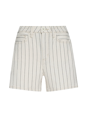 The Lissania Short is a white, high-waisted cotton twill short with thin black pinstripes, front button and zipper closure, belt loops, and side pockets, shown on a plain white background.