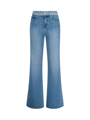 The Louane Wide-Leg Flare Jean features light blue, high-rise, wide-leg styling with front pockets, a button and zip closure, belt loops, and comfortable stretch denim, displayed on a white background.