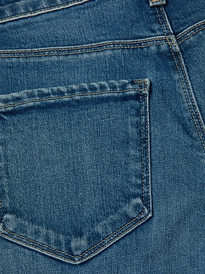 Close-up view of the blue denim back pocket on the Marguerite Skinny Jean, highlighting the stitching details and texture of the stretch high-rise fabric.