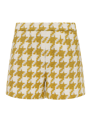 The Ashton Houndstooth Tweed Short, featuring a yellow and white high-rise straight leg design, is crafted from bold houndstooth tweed and shown front-facing on a plain white background.