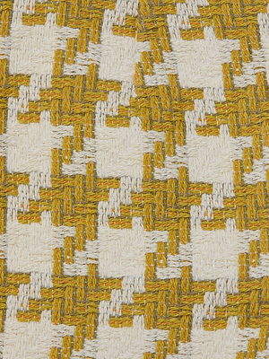 Close-up of Ashton Houndstooth Tweed Short, featuring a textured mustard yellow and off-white houndstooth pattern with intricate, classic tweed weaving.
