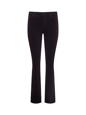 The L'AGENCE Stevie Velvet Jean is a dark, high-waisted, slim-fit pant with a slight hem flare, classic five-pocket styling, front button and zip closure, and a sleek straight-leg silhouette.