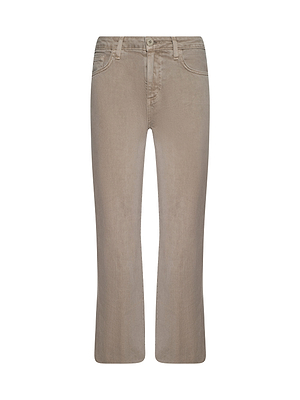 The Wanda Cropped Wide-Leg Jean in beige is made from 100% cotton denim, featuring a button and zipper closure, front and back pockets, belt loops, and a wide-leg cropped silhouette, shown against a plain white background.