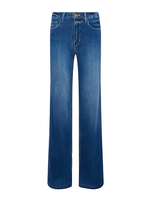 The L’AGENCE Clayton Wide-Leg Jean is a high-rise, blue stretch denim with front and back pockets, plus a button and zip closure.