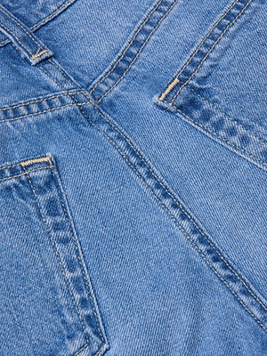 Close-up of blue denim fabric from the Alicent Wide-Leg Jean, highlighting detailed stitching, visible seams, and parts of two pockets. The lightweight denim weave and texture are clearly shown.