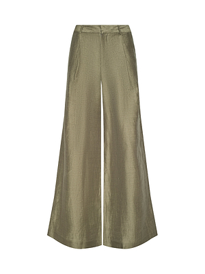 The Allanah Linen-Blend Trouser features an olive green hue, wide-leg silhouette, high waist, front pleats, side pockets, and a subtle sheen in a soft linen blend, shown against a white background.