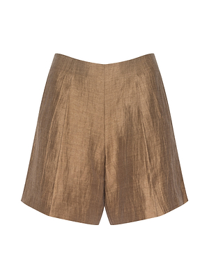 Brown, high-rise Hadleigh Linen-Blend Short with a shiny, textured finish, shown against a white background.
