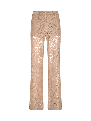 The Livvy Lace Trouser is a beige high-rise pant with a flared leg and allover sheer floral cappuccino lace, shown against a white background.