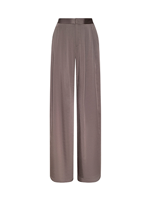 The Aubrie Satin Pant in cardamon brown features a high waist, wide legs, smooth waistband, and subtle front pleats, shown against a white background.