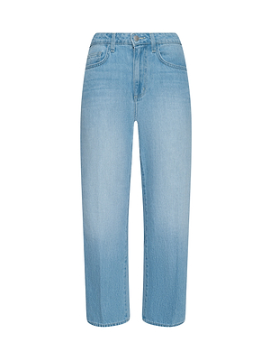 The Mallis Bow-Leg Jean features light blue, high-rise denim with a button and zipper closure, front and back pockets, a slightly faded light wash, and a straight-leg fit. Shown against a plain white background.