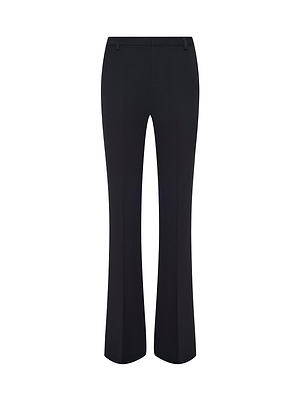 The Frances Bootcut Trouser in black stretch suit fabric features belt loops and a fitted waist and hips, displayed against a white background—a true wardrobe staple.