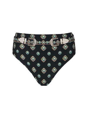 The Vanessa High-Waisted Bikini Bottom showcases a flattering black fit with a green and gold geometric medallion print and features an embellished double-buckle waist belt.