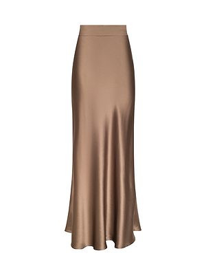 The Ryker Silk Maxi Skirt, shown against a plain white background, exudes minimalist sophistication with its bronze satin finish, high waist, and gently flared, flowing hem.