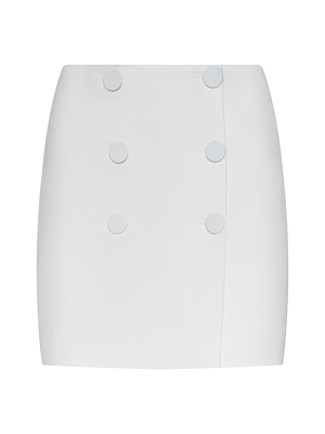 The Beah Mini Skirt is a white, high-waisted tailored mini skirt with a straight cut, made from stretch suiting fabric, and features six large round white buttons in two vertical columns on the front.