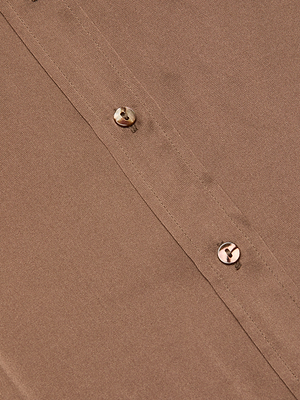 Close-up of the Dani Silk Blouse in brown, featuring two front buttons and a vertical seam. The smooth, slightly reflective silk fabric gives it a luxurious look.