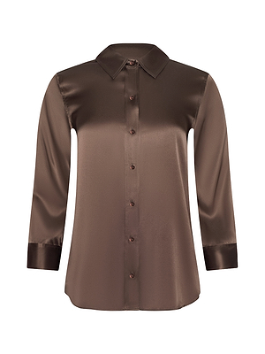 The Dani Silk Blouse is a brown, long-sleeve silk button-up with a collar and shiny finish, shown on a plain white background.