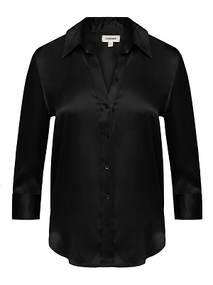 The Dani Silk Blouse is a long-sleeved, black charmeuse shirt featuring a collar, button-down front, slightly curved hem, smooth shiny finish, and relaxed fit.