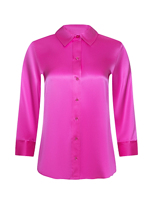 The Dani Silk Blouse in bright fuchsia features long sleeves, a classic collar, and a button-up front in lustrous satin, shown against a plain white background.