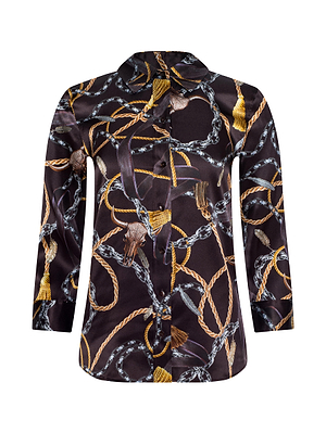 The Dani Silk Blouse by L'AGENCE is a button-up crafted from silk charmeuse, showcasing an ornate pattern of gold ropes, silver chains, and tassels against a black background.