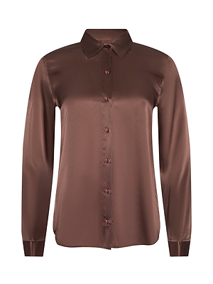 The Tyler Silk Blouse by L'AGENCE is a long-sleeve, rich brown silk button-down with a classic collar, matching buttons, and a smooth, shiny finish, shown against a plain white background.