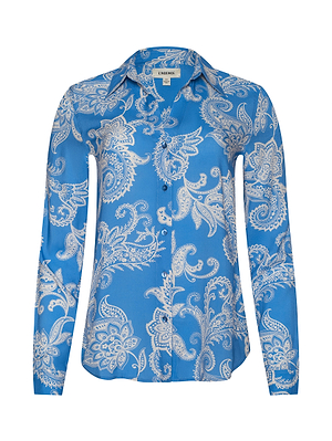 The Holly Blouse is a long sleeve, tailored button-down with a collar, featuring a regatta blue background and white paisley print.
