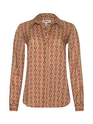 The L'AGENCE Holly Blouse is a slim fit, long-sleeve button-down with a collared neckline, featuring a tan background and all-over red geometric pattern.