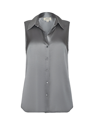 The Emmy Sleeveless Silk Blouse is a gray, collared, button-up top in luxe charmeuse, perfect for office-to-evening wear and shown against a plain white background.