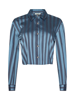 The Cosette Satin Shirt is a blue, long-sleeve cropped shirt with irregular navy stripes, a pointed collar, shiny satin fabric, and a waist-length high-low hem for a modern touch.