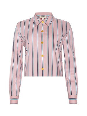 The Cosette Shirt is a pink tailored long-sleeve shirt with vertical blue, white, and black stripes, yellow buttons, and a classic collar, shown against a white background.