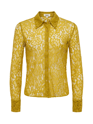 The Maia Floral Lace Blouse by L'AGENCE features a mustard yellow sheer fabric, pointed collar, long sleeves, button-up front, and a delicate floral lace pattern.