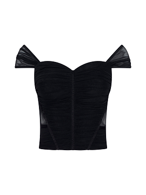 The Asuka Mesh Corset Top is a black, off-shoulder design with ruching, stretch mesh sheer sleeves, and a sweetheart neckline, shown against a white background.
