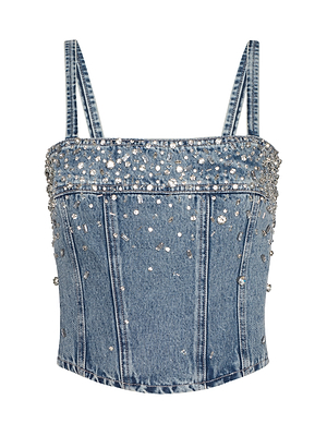 Denim top with rhinestone embellishments on a white background