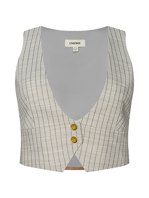 The Devony Pinstriped Vest is a tailored, light gray vest with a deep V-neck and two gold buttons—an office-ready style shown against a plain white background.