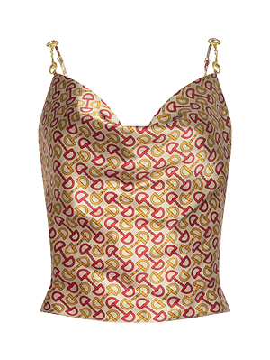 The Calista Silk Camisole by L'AGENCE is a gold cropped top with thin straps, a red and yellow geometric horse bit print, a slight sheen to the silk fabric, and a gently draped neckline.