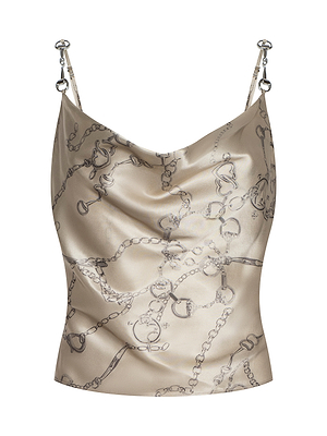 The Calista Silk Camisole is a beige top with a draped neckline, thin adjustable straps, and a subtle horse bit chain print. Its smooth, shiny silk fabric adds a luxurious touch to this elegant piece.