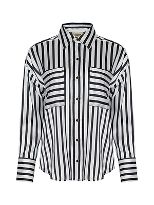 The Eliora Shirt is a relaxed fit, long-sleeve button-down in poly twill with vertical black and white stripes, two chest pockets, cuffs with contrasting horizontal stripes, and a sharp pointed collar.