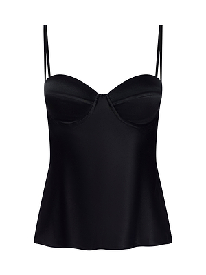 The Orlina Silk Camisole is a black silk charmeuse top featuring thin spaghetti straps, structured cups, and a flared hem, shown against a plain white background.