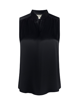 The Phoebe Silk Blouse is a sleeveless black charmeuse top with a subtle sheen, band collar, and relaxed fit, displayed against a white background.