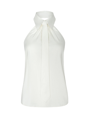 The Wren Neck-Tie Top is a white shirt featuring a stylish neck-tie design.
