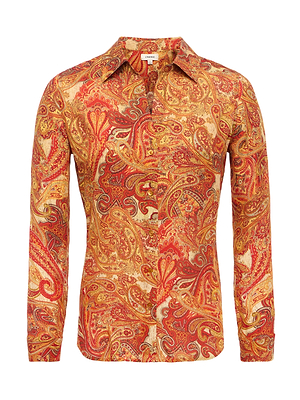 The Nina Silk Blouse by L'AGENCE is a relaxed fit button-down featuring vibrant red, orange, and golden-yellow paisley patterns with intricate swirling designs.