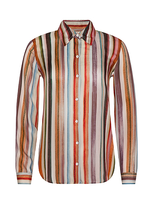 The Nina Silk Blouse is a relaxed-fit, long-sleeve button-up with a collar, featuring multicolored stripes in red, orange, brown, blue, green, and white.